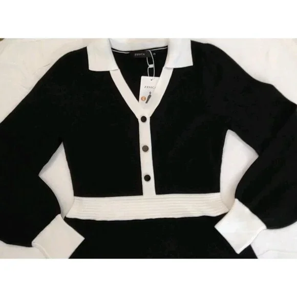 ZESICA Women Fall Long Sleeve A-line Sweater Dress Collared Button Knit Size S - Picture 4 of 11